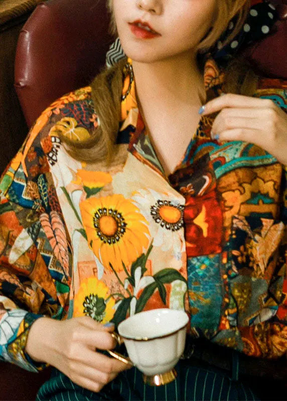 Khaki Peter Pan Collar Painting Print Cotton Shirt Tops Spring