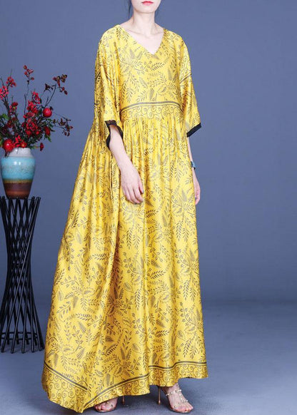 Art Yellow Print Silk Loose Long Dresses Summer