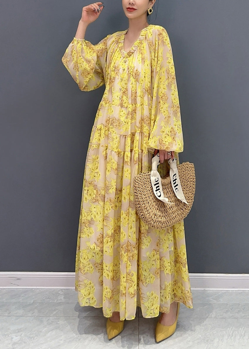 Yellow V Neck Ruffled Print Chiffon Long Dresses Fall