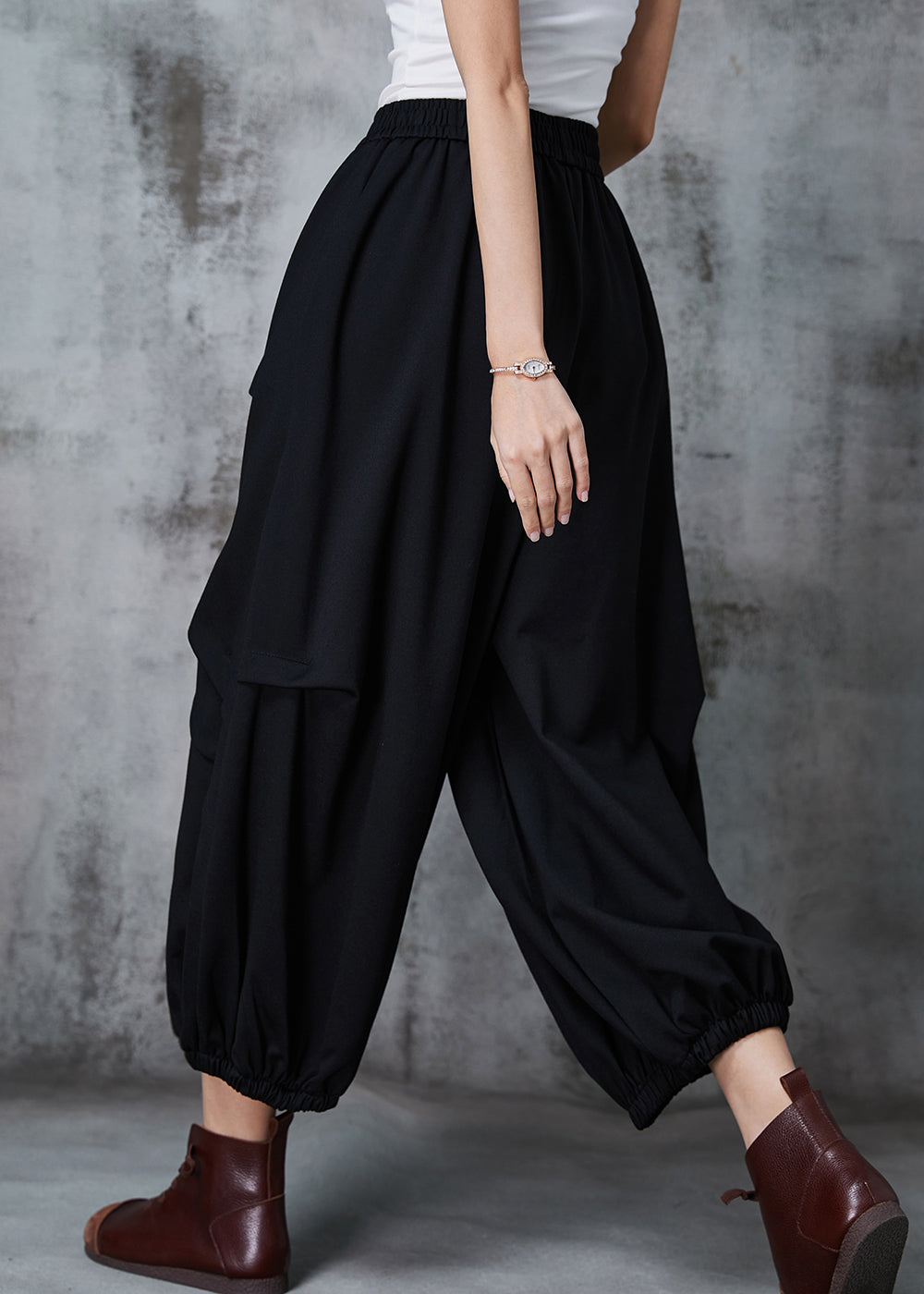 Black Oversized Wrinkled Cotton Harem Pants Spring