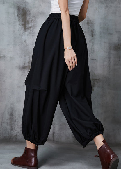 Black Oversized Wrinkled Cotton Harem Pants Spring