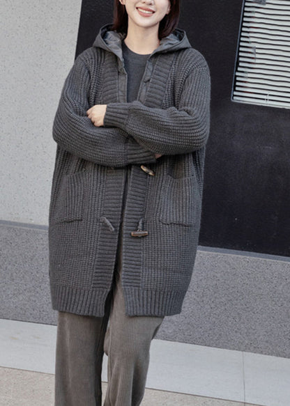 Simple Beige Button Fake Two Pieces Cotton Knit Hooded Coats Spring