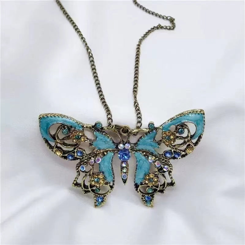 Sterling Silver Alloy Crysta Drop Oil Bronze Butterfly Pendant Sweater