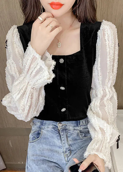 Black White Square Collar Bow Lace Patchwork Tops Spring