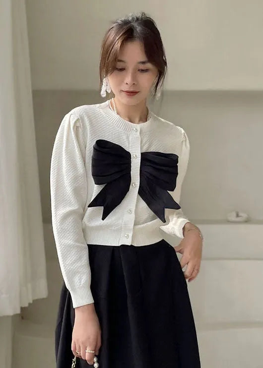 White Button Bow Knit Shirt Tops Spring