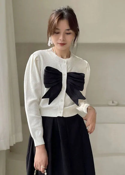 White Button Bow Knit Shirt Tops Spring