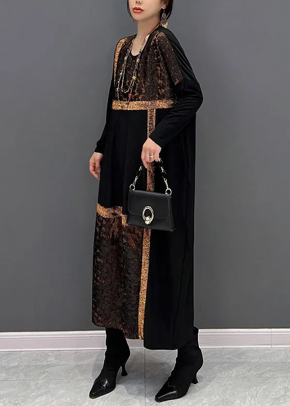 Black O Neck Organza Patchwork Cotton Dress Fall