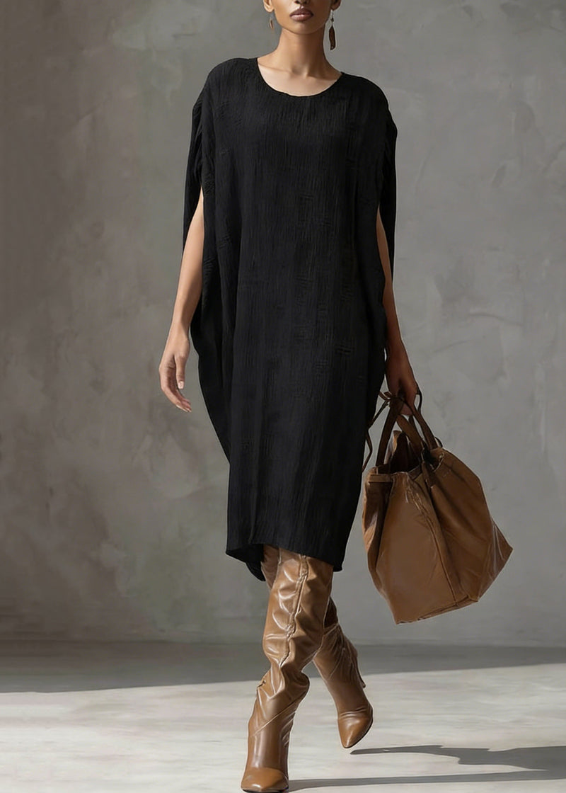 Coffee O Neck Oversized Silk Cotton Dress Batwing Sleeve