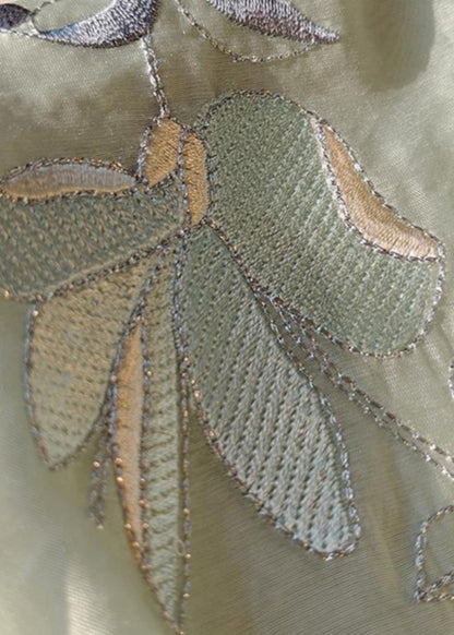 Green Embroidered Side Open Linen Shirt Bracelet Sleeve