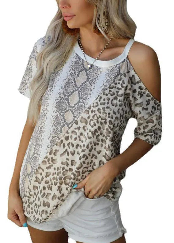 O-neck One Shoulder Design Patchwork Leopard Serpentinec Print Top Short Sleeve