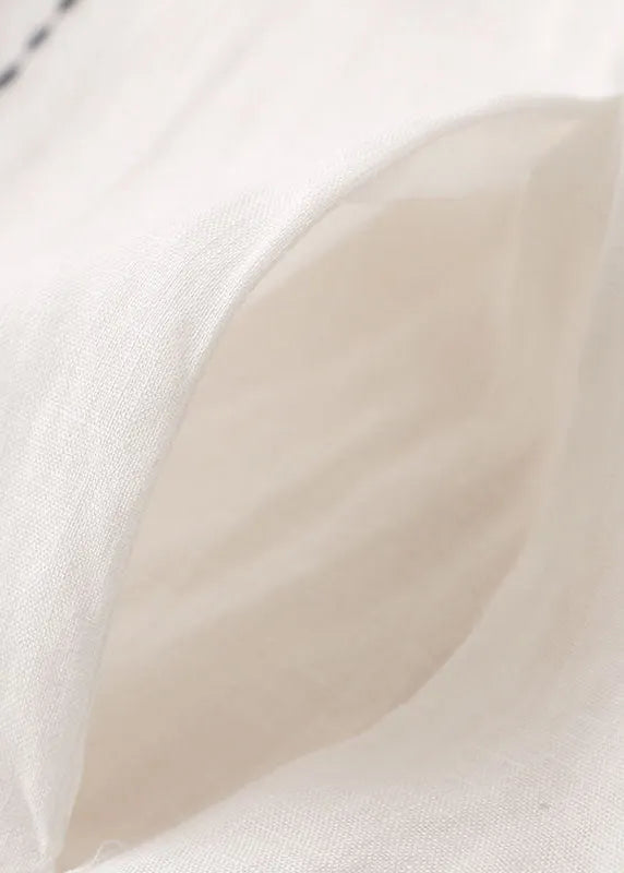 White Embroideried Low High Design Cotton Linen Long Shirt Top Long Sleeve