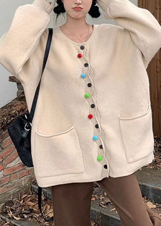 Modern Apricot O-neck Pockets Button Cotton Knit Sweater Coats Fall