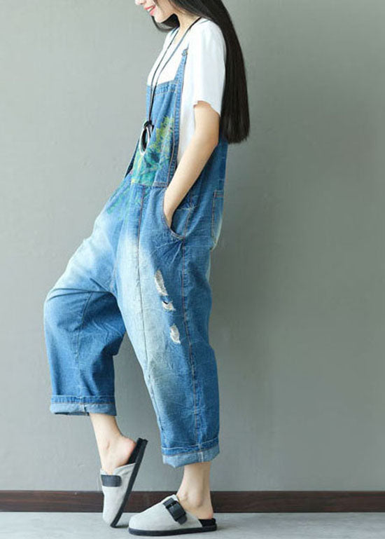Classy Blue Print Hole Cowboy Jumpsuits Spring
