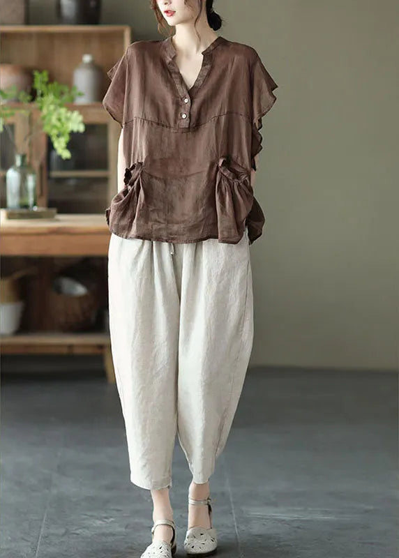 Chocolate Retro Loose Pockets Fall Shirt Tops Short Sleeve