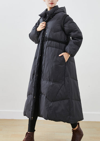 Black Cinched Big Pockets Duck Down Down Coat Winter