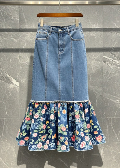 Blue Patchwork Print Denim Wraped Skirt Spring