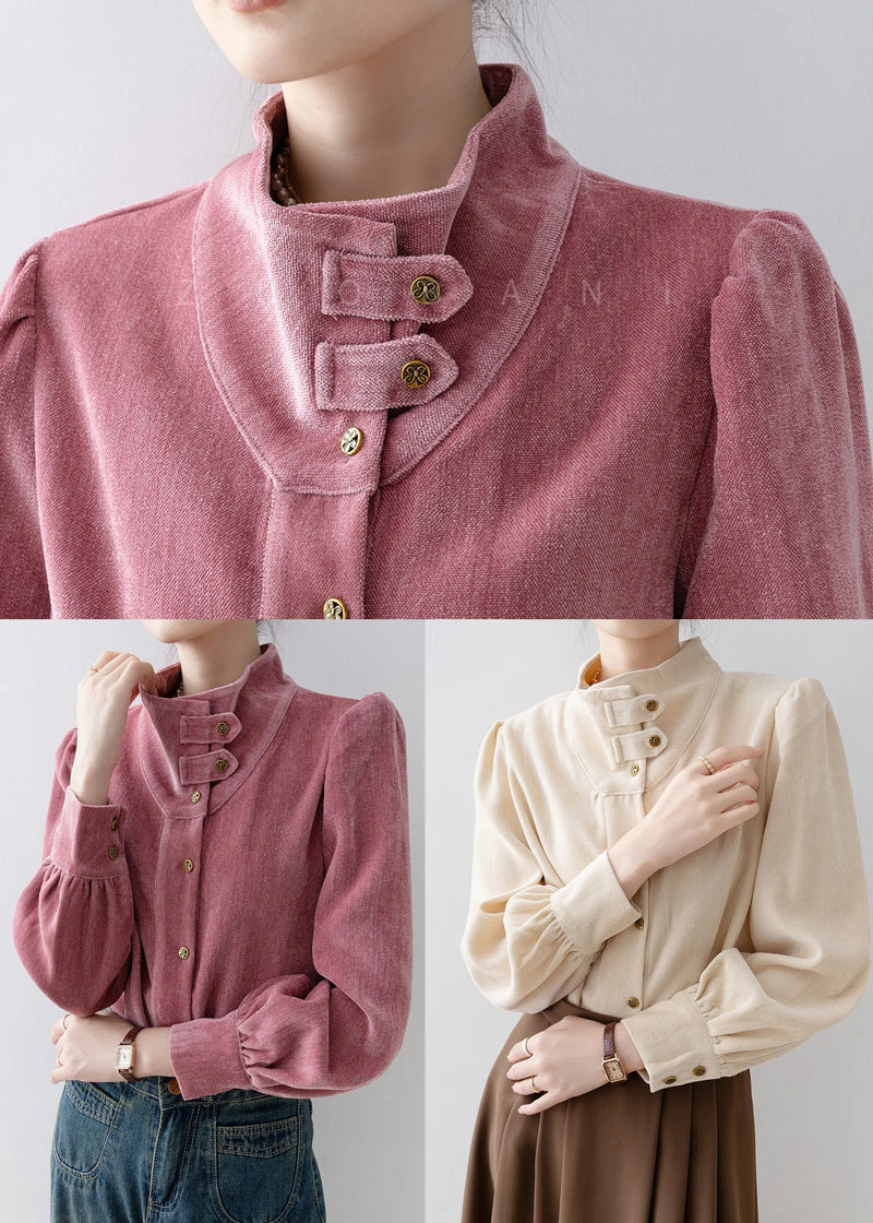 French Rose Stand Collar Button Velour Top Spring