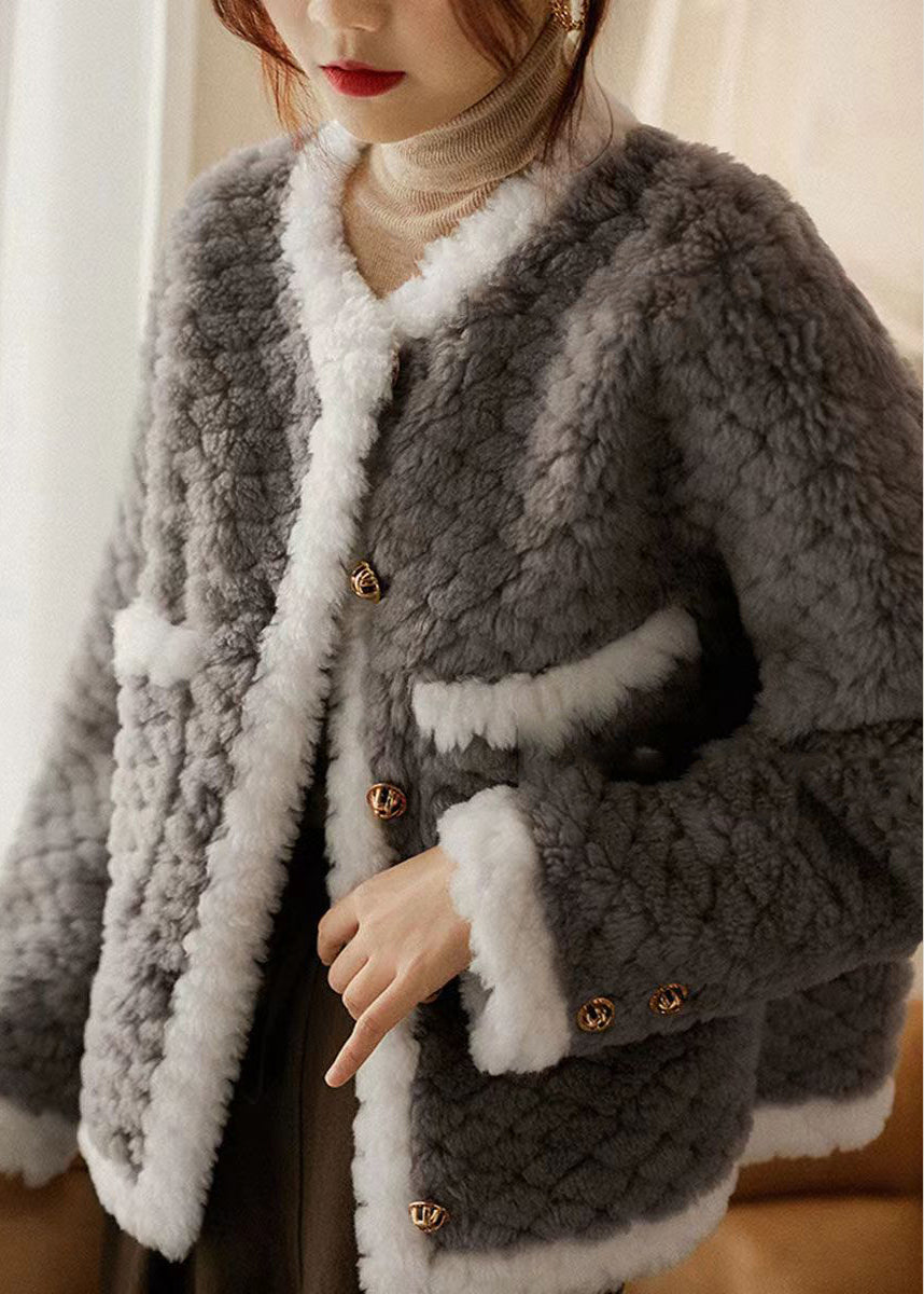 Grey O Neck Pockets Patchwork Wool Coat Winter