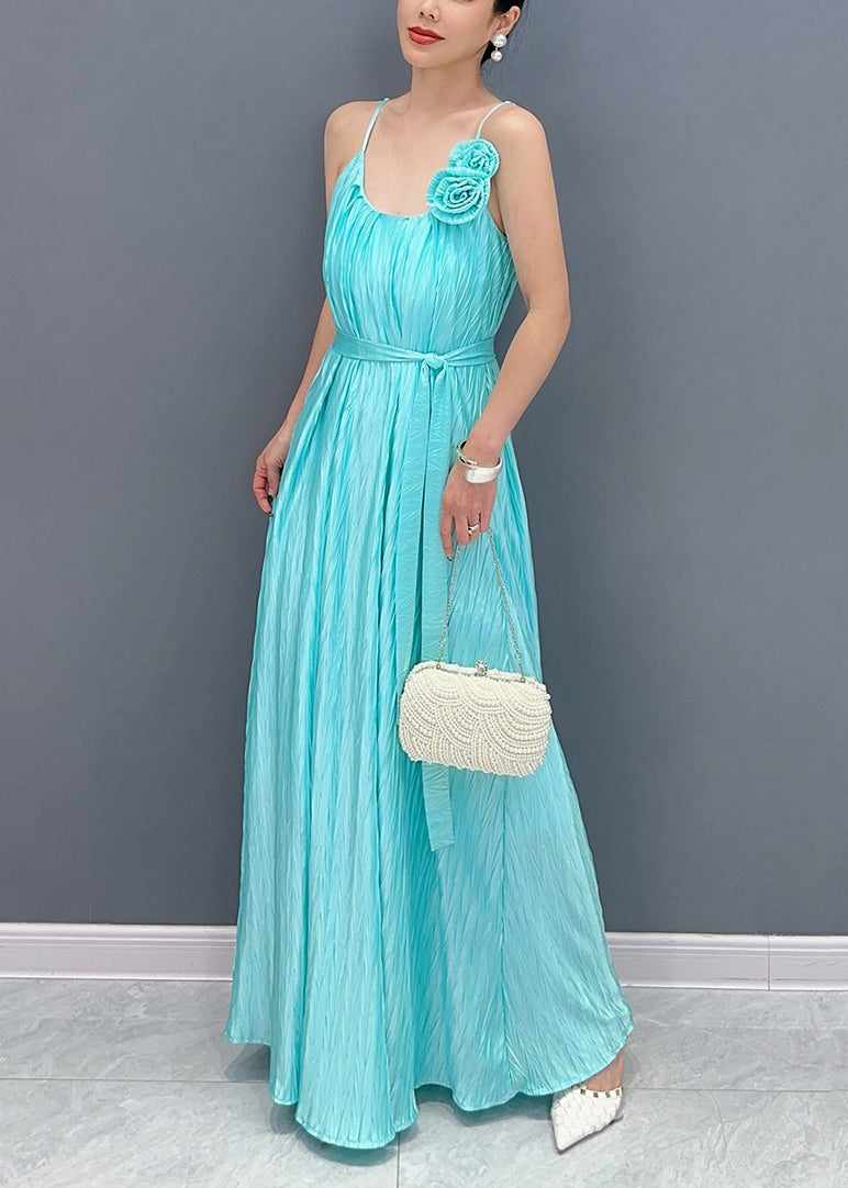 Fine Blue Cold Shoulder Silk Spaghetti Strap Dress Summer