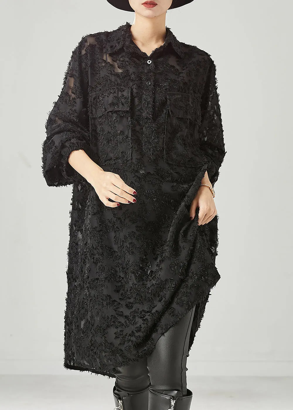 Black Tasseled Pockets Cotton Shirt Dress Spring