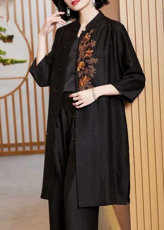 Art Black Stand Collarembroideried Silk Long Tops Bracelet Sleeve