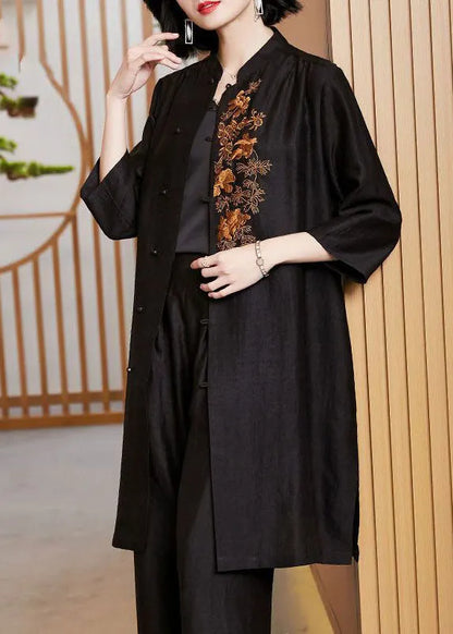 Art Black Stand Collarembroideried Silk Long Tops Bracelet Sleeve