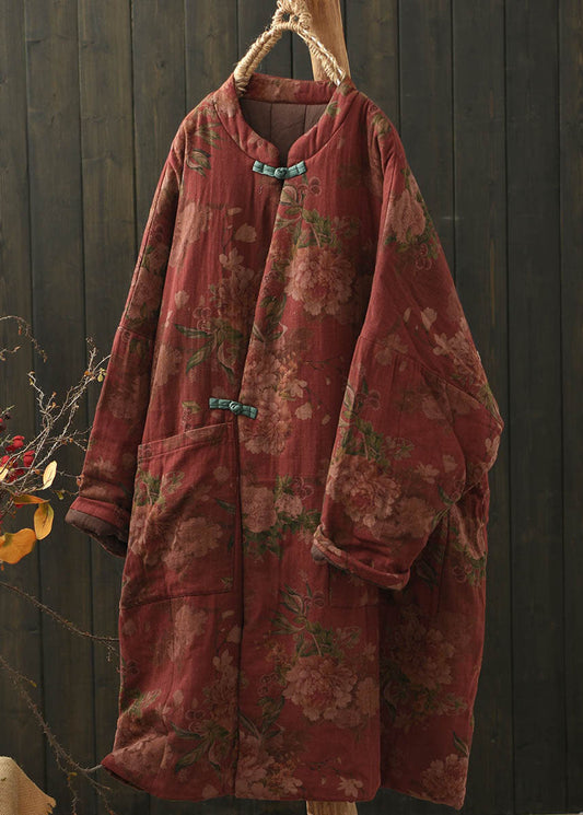 Red Pockets Print Oriental Button Fine Cotton Filled Coat Winter