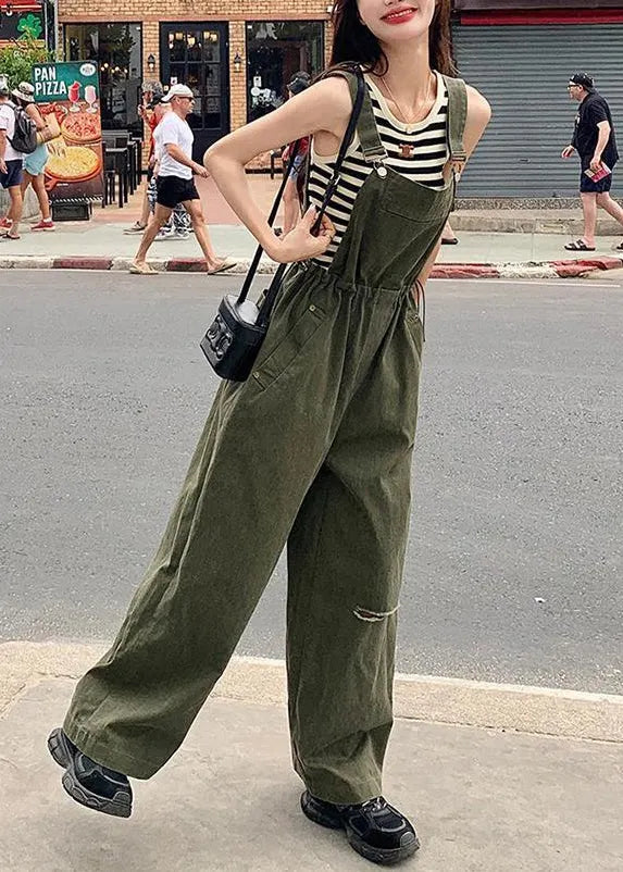 French Army Green Drawstring Pockets Cotton Jumpsuit Sleeveless