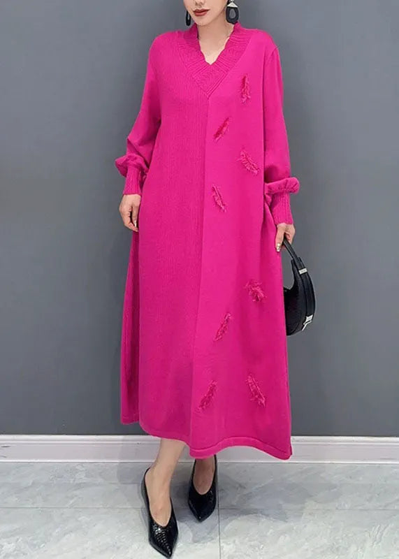 Pink V Neck Knit Long Dress Long Sleeve