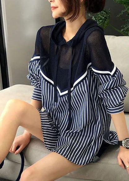 Blue Drawstring Hooded Knit Patchwork Striped Blouse Top Spring