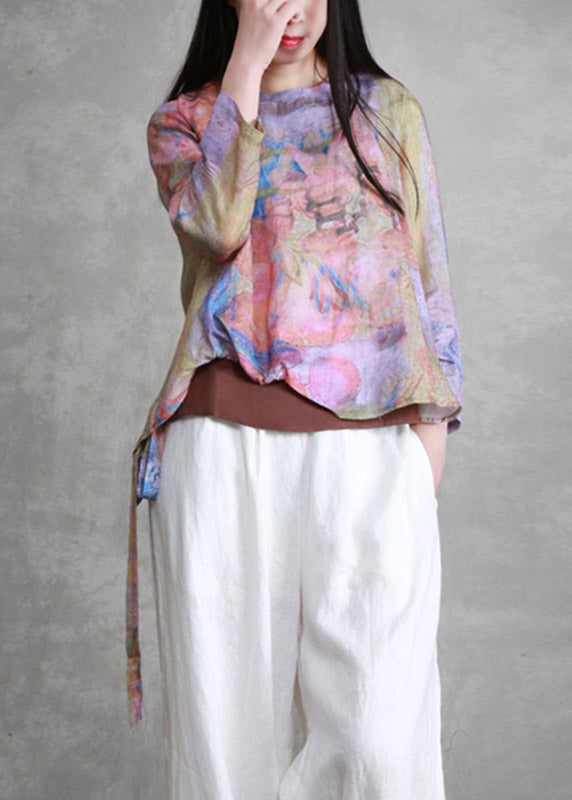 Unique O-neck Print Asymmetrical Low High Design Tie Waist Linen Top Long Sleeve