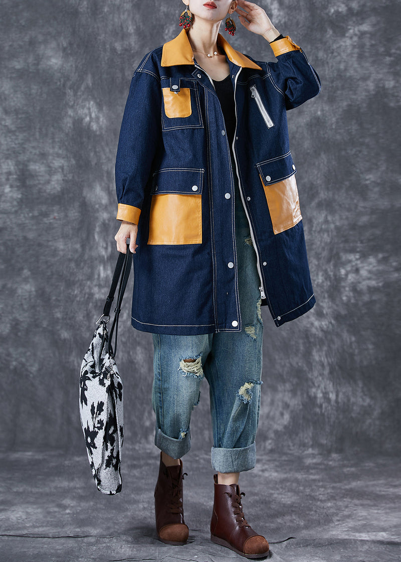 Navy Oversized Patchwork Pockets Denim Coat Outwear Fall