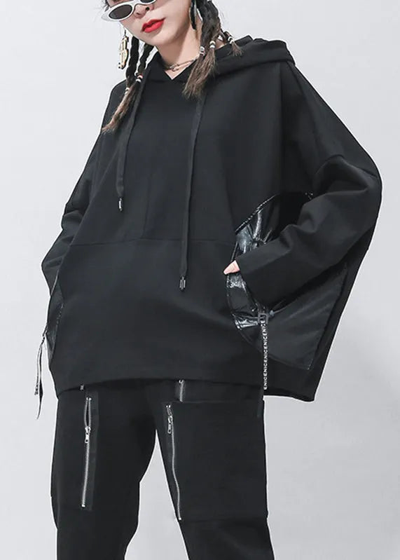 Black Pockets Patchwork Drawstring Pullover Batwing Sleeve
