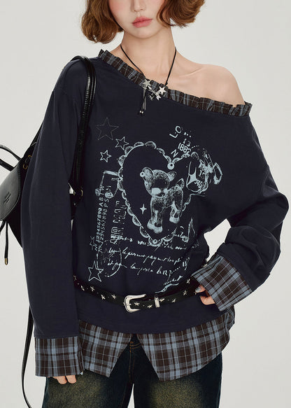 Navy Ruffled Falsepatchwork False Two Pieces Cotton Top Spring