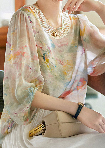 Print Hollow Out Silk Shirts Long Sleeve
