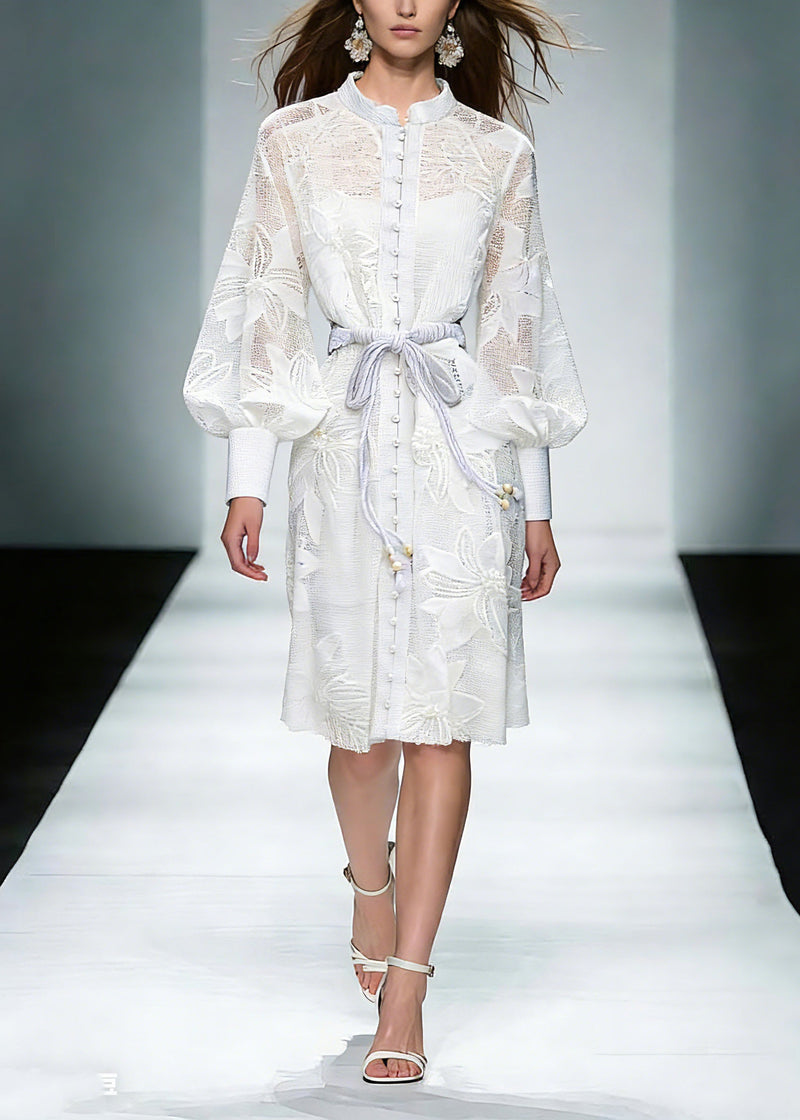White Stand Collar Tie Waist Maxi Shirts Dresses Lantern Sleeve