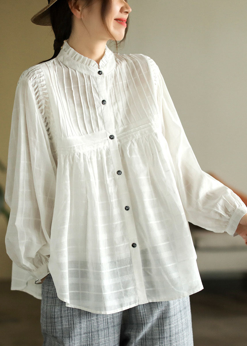 White Ruffled Patchwork Wrinkled Exra Large Hem Cotton Shirts Spring