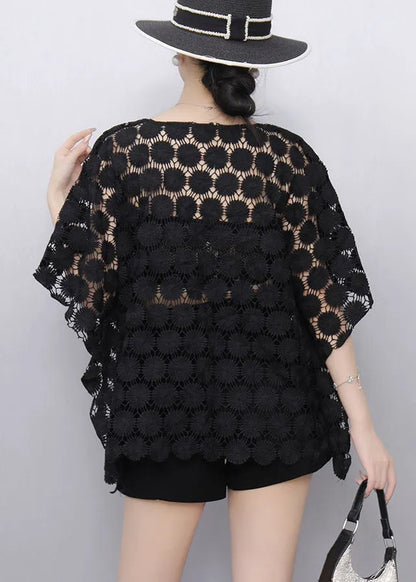Black Hollow Out Lace Tanks Batwing Sleeve