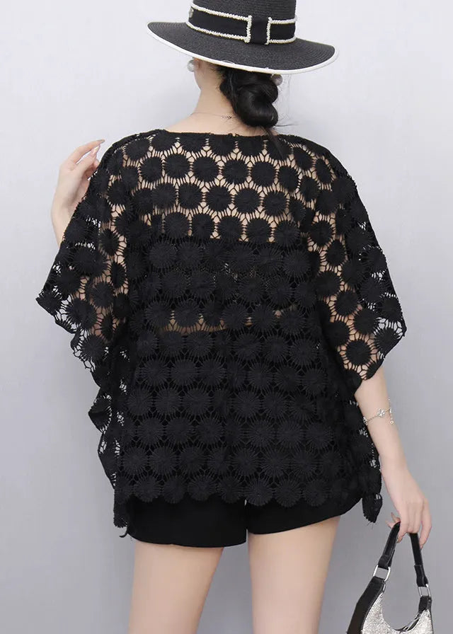 Black Hollow Out Lace Tanks Batwing Sleeve