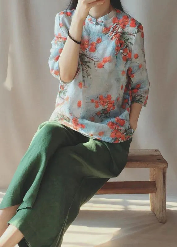 Stand Collar Chinese Button Tops Print Shirts