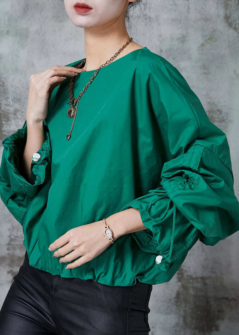 Fitted Green Oversized Drawstring Cotton Pullover Spring