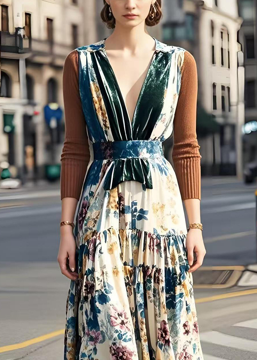 V Neck Patchwork Print Silk Velour Long Dress Fall
