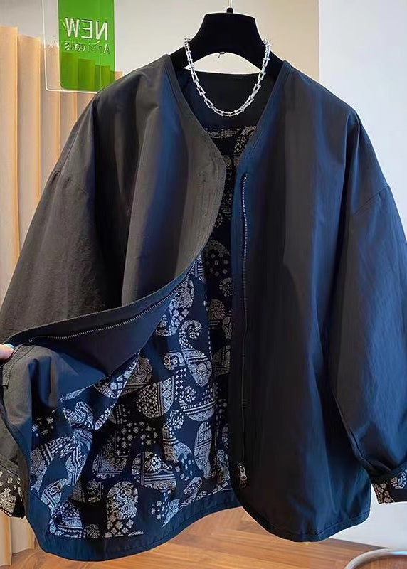 Black Zip Up Patchwork Cotton Jackets Fall