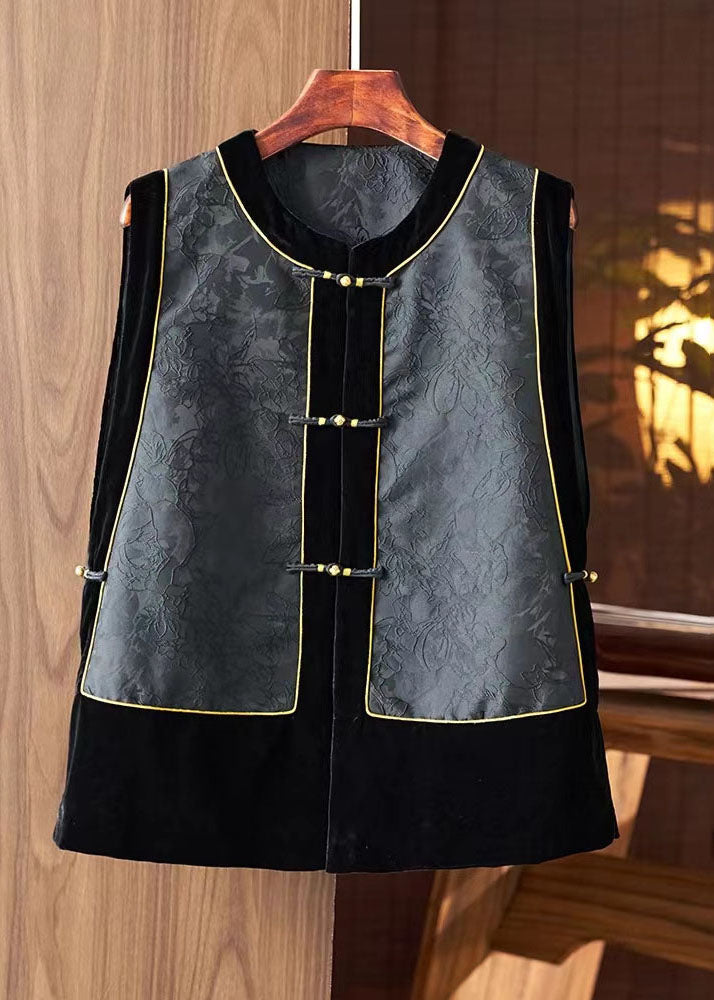 Black O-neck Embroideried Silk Patchwork Waistcoat Sleeveless