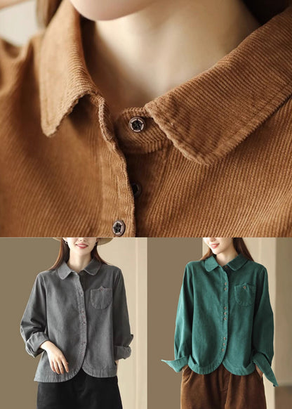 French Green Button Pockets Corduroy Blouses Long Sleeve Spring