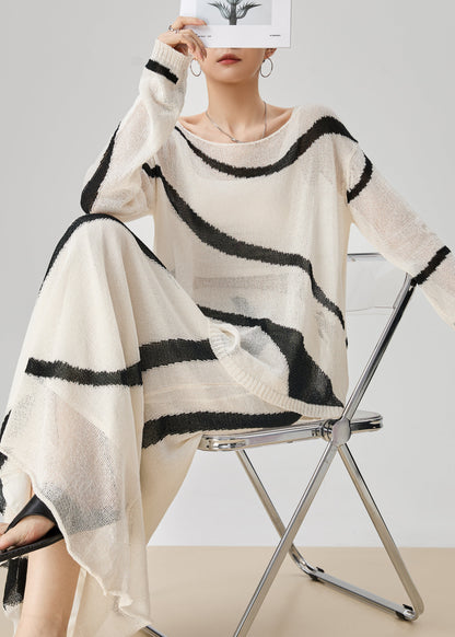 Boutique White Striped Tops and Skirts Knit Two Pieces Set Fall