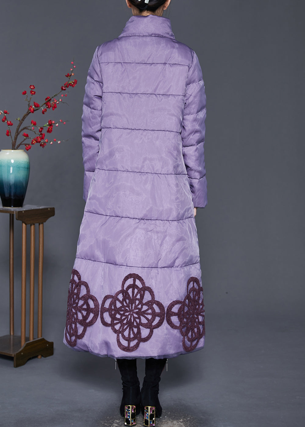 Purple Embroideried Duck Down Down Coat Winter