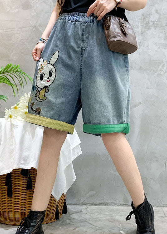 Modern Blue Embroideried Denim Summer Shorts