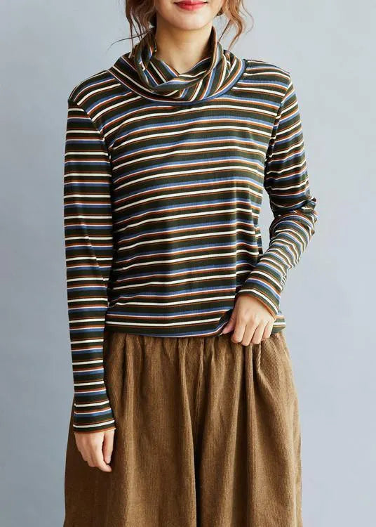 Diy High Neck Cotton Spring Blouses for Shirts Striped Tops