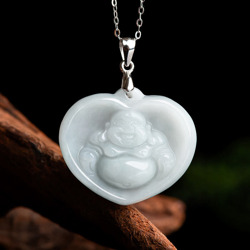 Buddha Stones Laughing Buddha White Jade Luck Blessing Titanium Steel Chain Necklace Pendant